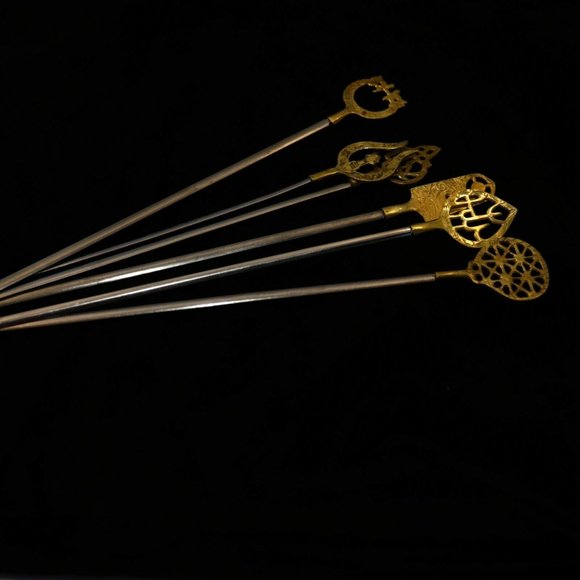 SOLD-6 Vintage 1960's Turkish Stainless Steel & Brass Shish Kebab Skewers, - Picture 11 of 11